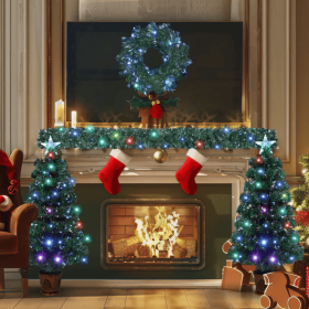 Pre-lit Optical Fiber Christmas Artificial Tree 4-Piece Set, Christmas Garland, Wreath And Set Of 2 Entrance Trees With Colorful Lights, PVC Fest (Color: Green)